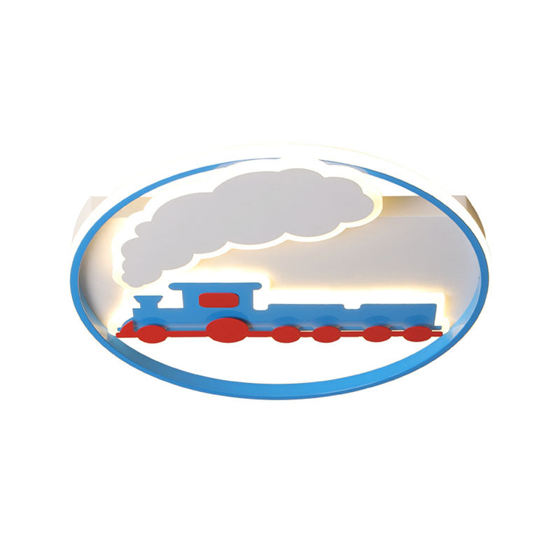 Train Flush Mount Ceiling Light Kids Acrylic LED Boys Bedroom Flushmount Lighting in Blue, 16"/19.5" Width