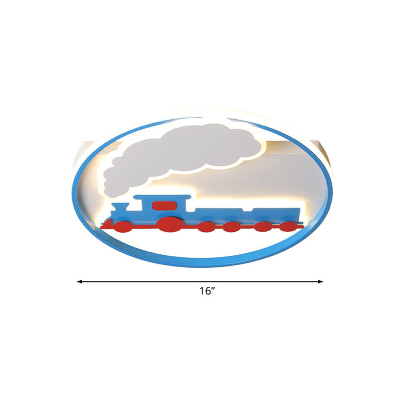 Train Flush Mount Ceiling Light Kids Acrylic LED Boys Bedroom Flushmount Lighting in Blue, 16"/19.5" Width