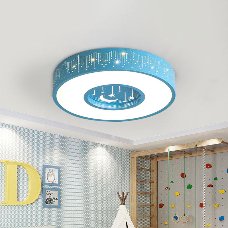 Metal Circular Flush Ceiling Light Kids LED Flush Mount Recessed Lighting with Moon and Star Pattern in Pink/Blue, 16"/19.5" W