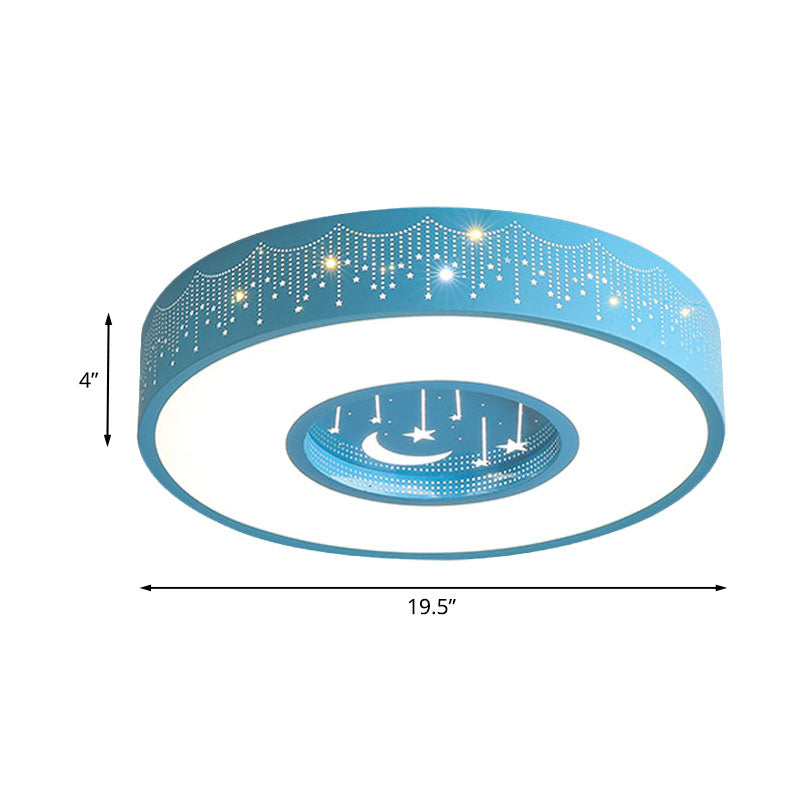 Metal Circular Flush Ceiling Light Kids LED Flush Mount Recessed Lighting with Moon and Star Pattern in Pink/Blue, 16"/19.5" W