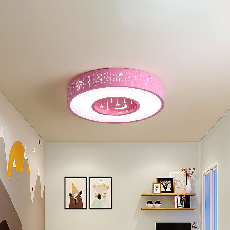 Metal Circular Flush Ceiling Light Kids LED Flush Mount Recessed Lighting with Moon and Star Pattern in Pink/Blue, 16"/19.5" W
