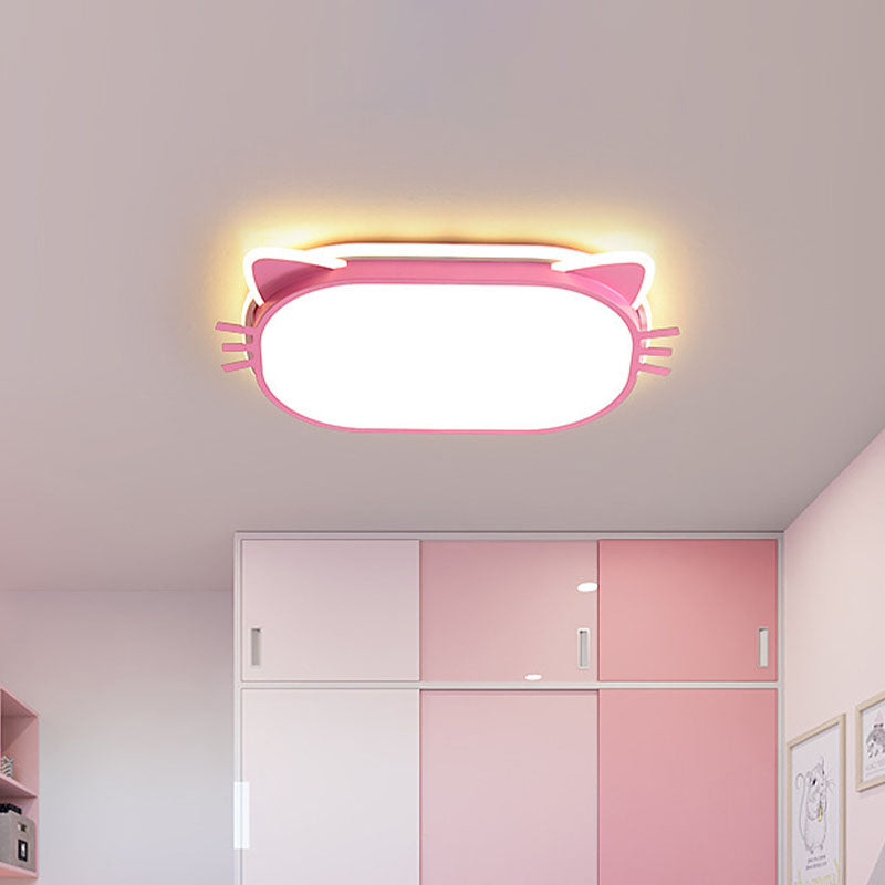 Cat Head Ceiling Mounted Fixture Kids Iron LED Bedroom Flush Mount Lighting in Pink, 18"/21.5" Long