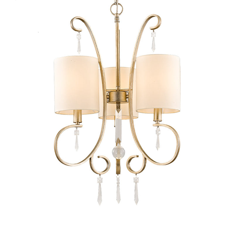 Gouden cilinder kroonluchter verlichtingsarmatuur traditionele stof 3-bulb metalen slaapkamer hangende lamp met kristallen accent
