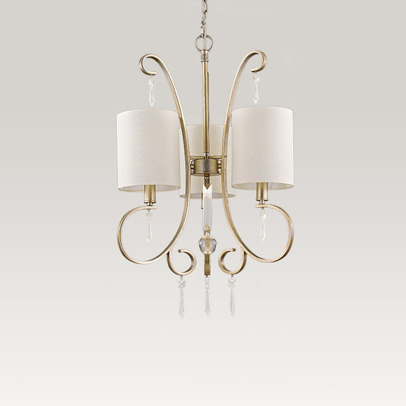 Gouden cilinder kroonluchter verlichtingsarmatuur traditionele stof 3-bulb metalen slaapkamer hangende lamp met kristallen accent