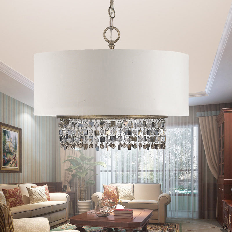 Stof witte afwerking plafond kroonluchter trommelschaduw 5-lichte platteland hanglamp met kristallen druppel met kristallen druppel