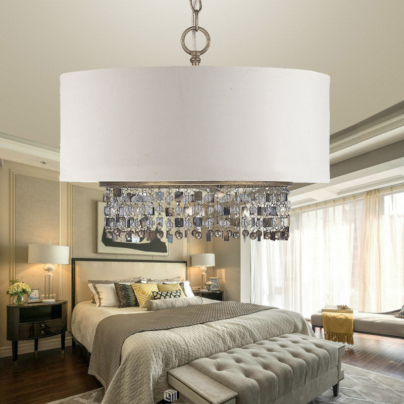Stof witte afwerking plafond kroonluchter trommelschaduw 5-lichte platteland hanglamp met kristallen druppel met kristallen druppel