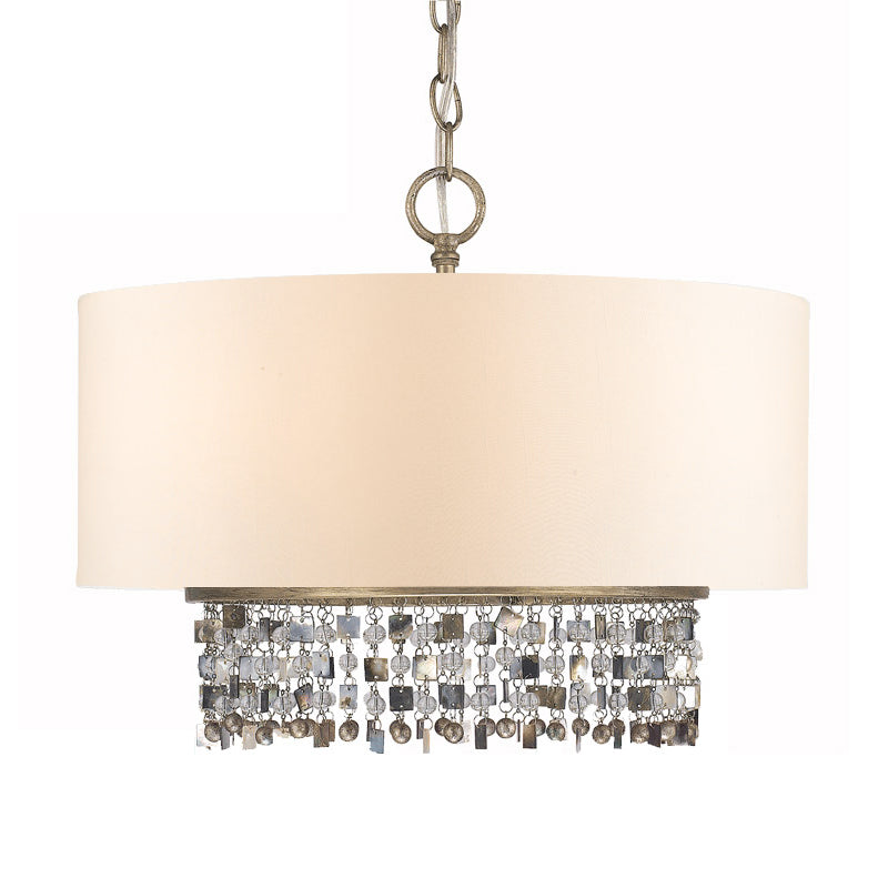 Stof witte afwerking plafond kroonluchter trommelschaduw 5-lichte platteland hanglamp met kristallen druppel met kristallen druppel