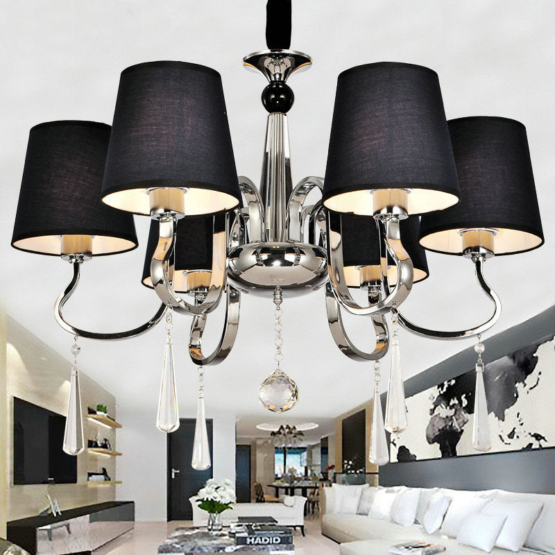 6/8 koppen metalen suspensie lamp landelijke stoffen kroonluchter hanglamp in zwart met kristaldruppel