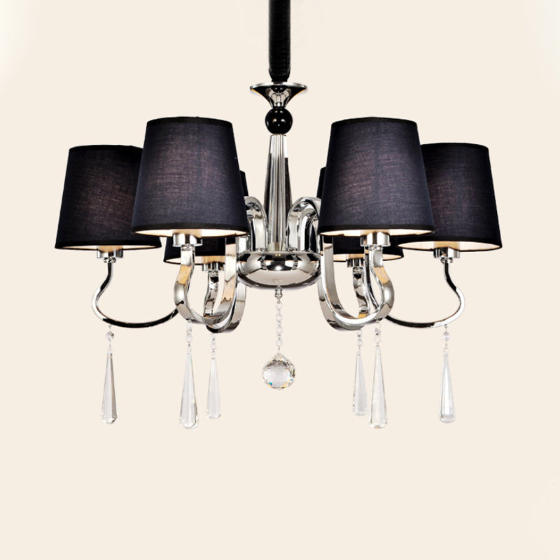 6/8 koppen metalen suspensie lamp landelijke stoffen kroonluchter hanglamp in zwart met kristaldruppel