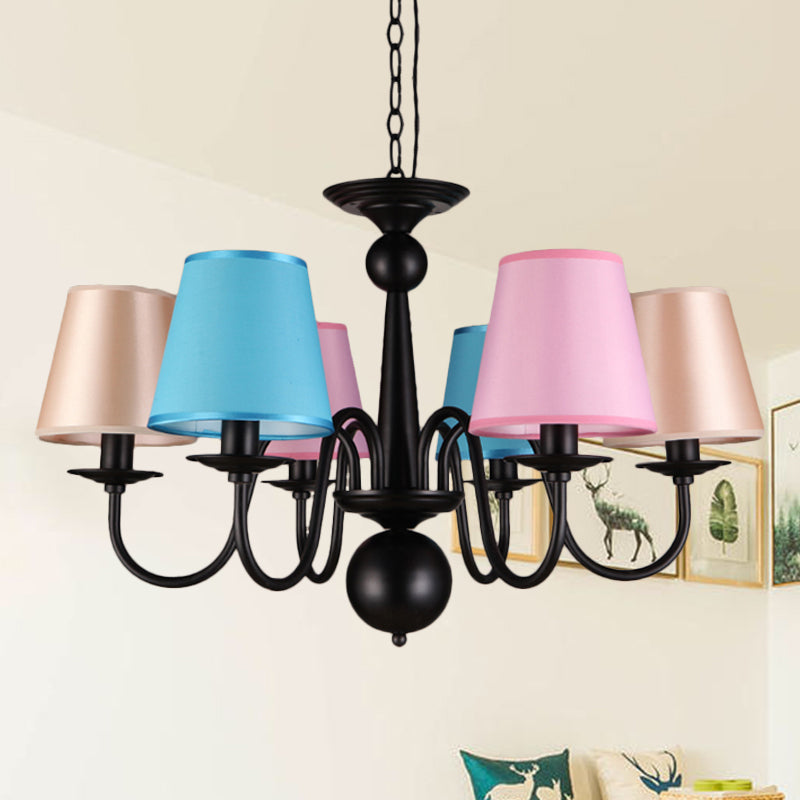 Kegel restaurant plafond kroonluchter traditionele stof 6 lichten zwarte afwerking hangend licht licht met metalen gebogen arm