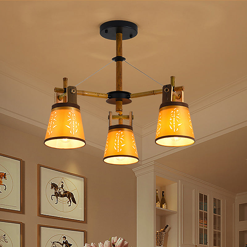 Taps toelopende stof kroonluchter landstijl 3/6/8 bollen woonkamer hangende lampkit met houten plankontwerp