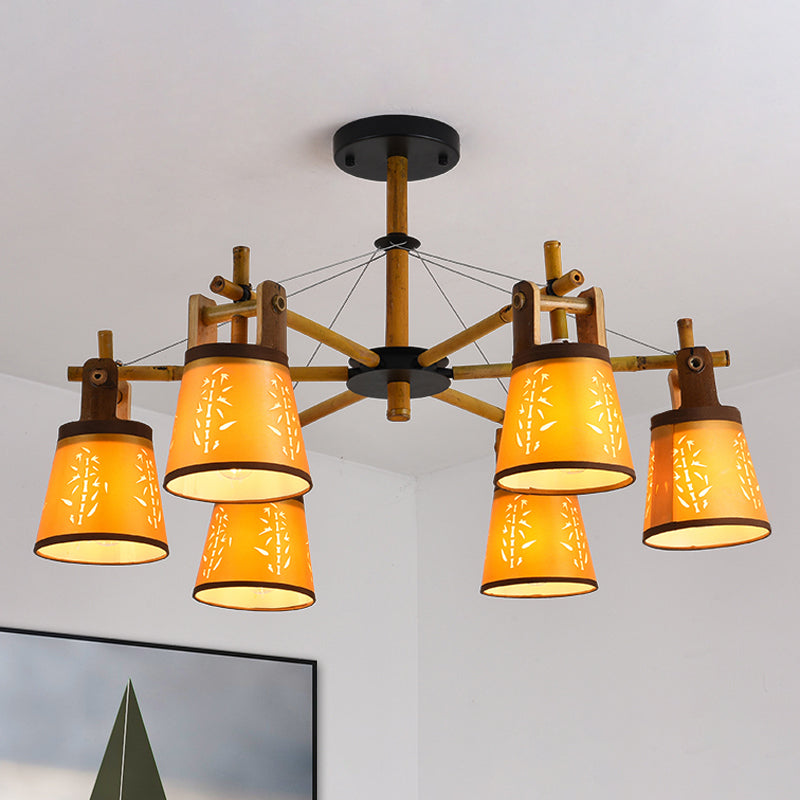 Tapered Fabric Chandelier Country Style 3/6/8 Bulbs Living Room Hanging Lamp Kit with Wood Shelf Design