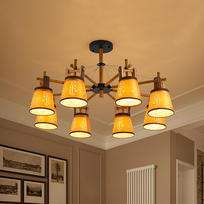 Tapered Fabric Chandelier Country Style 3/6/8 Bulbs Living Room Hanging Lamp Kit with Wood Shelf Design
