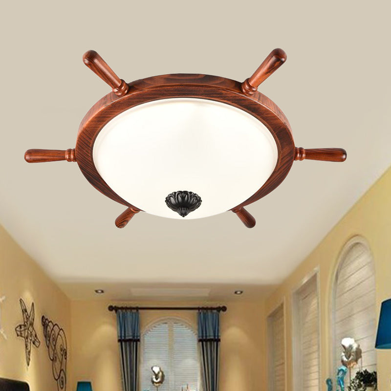 Brown 2-Light Flush Mount Light Rural Style Opal Glass Bowl Shade Close to Ceiling Lighting with Wood Frame