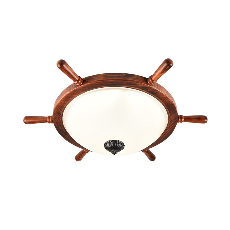 Brown 2-Light Flush Mount Light Rural Style Opal Glass Bowl Shade Close to Ceiling Lighting with Wood Frame