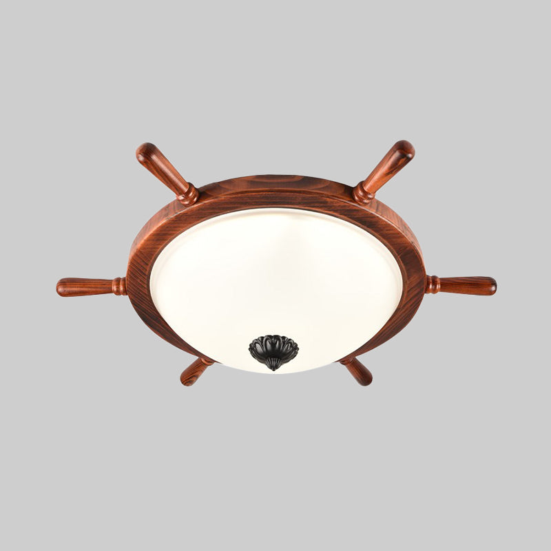 Brown 2-Light Flush Mount Light Rural Style Opal Glass Bowl Shade Close to Ceiling Lighting with Wood Frame
