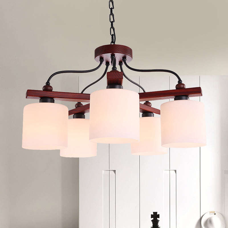 Retro cilindrische hangende kroonluchter 5 lichten crème glazen druppel hanger in bruin met houten arm