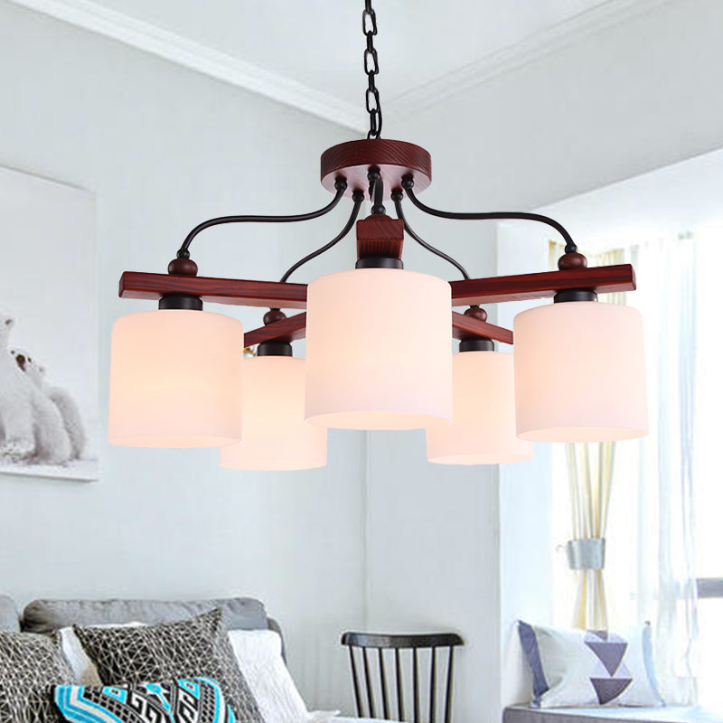 Retro cilindrische hangende kroonluchter 5 lichten crème glazen druppel hanger in bruin met houten arm