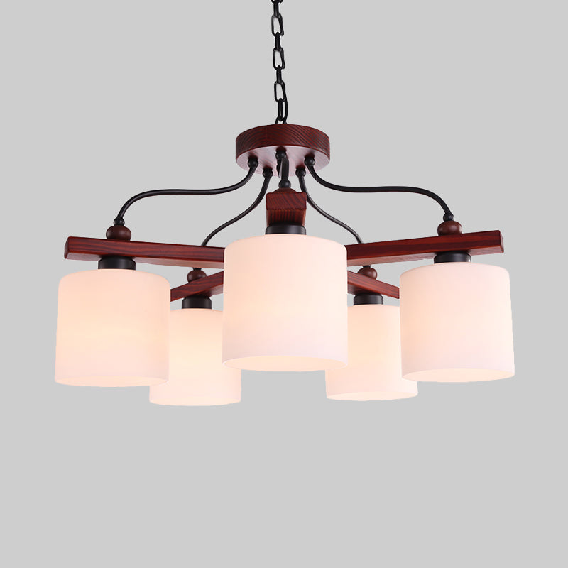 Retro cilindrische hangende kroonluchter 5 lichten crème glazen druppel hanger in bruin met houten arm