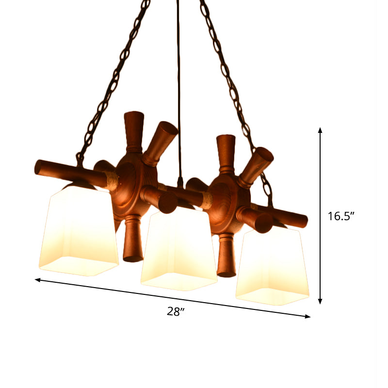 White Glass Brown Island Pendant Light Trapezoid 3 Bulbs Countryside Ceiling Lamp with Wooden Rudder Deco