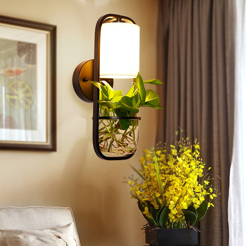 Fabric Black Wall Sconce Cylindrical 1 Head Industrial Wall Lamp with Rectangle Cage and Plant Container