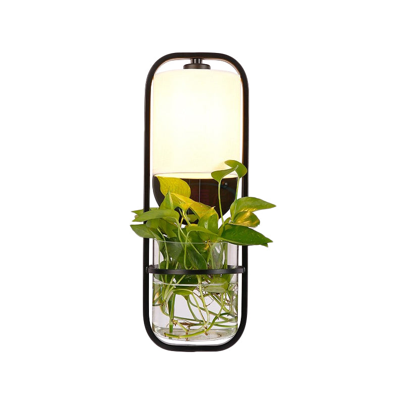 Fabric Black Wall Sconce Cylindrical 1 Head Industrial Wall Lamp with Rectangle Cage and Plant Container