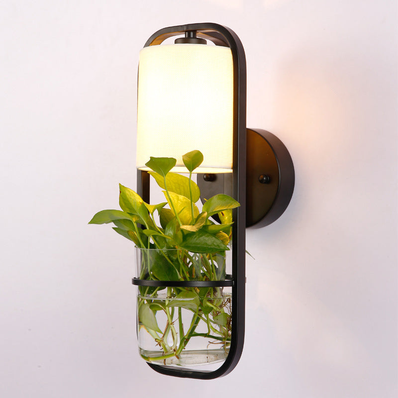 Fabric Black Wall Sconce Cylindrical 1 Head Industrial Wall Lamp with Rectangle Cage and Plant Container