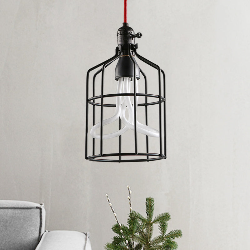 Red/Black 1 Head Pendant Lamp Industrial Iron Birdcage Suspended Lighting Fixture for Restaurant