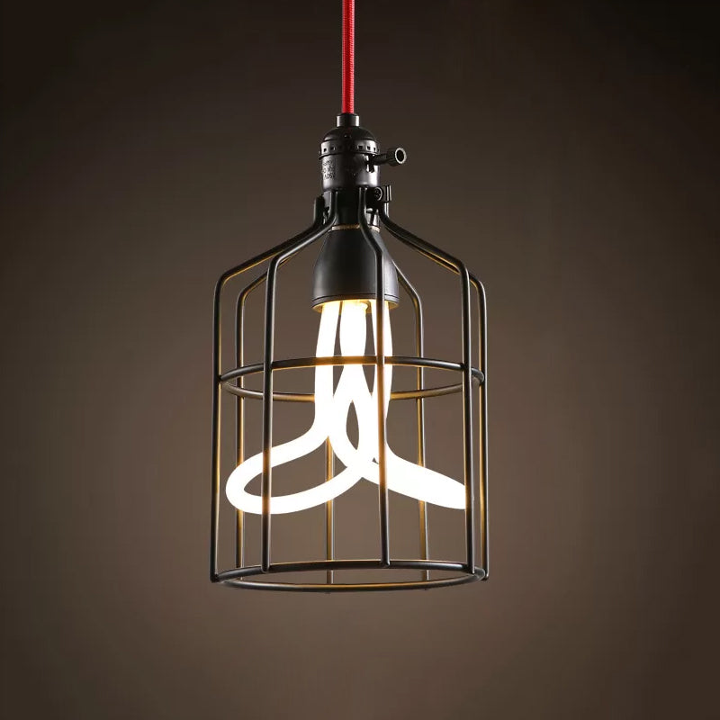 Red/Black 1 Head Pendant Lamp Industrial Iron Birdcage Suspended Lighting Fixture for Restaurant