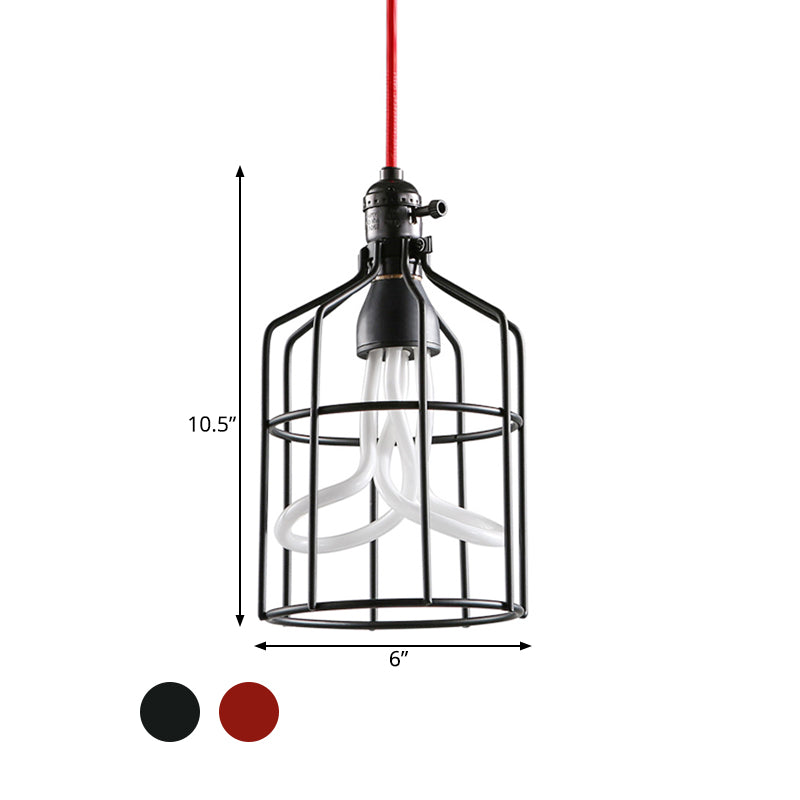 Red/Black 1 Head Pendant Lamp Industrial Iron Birdcage Suspended Lighting Fixture for Restaurant