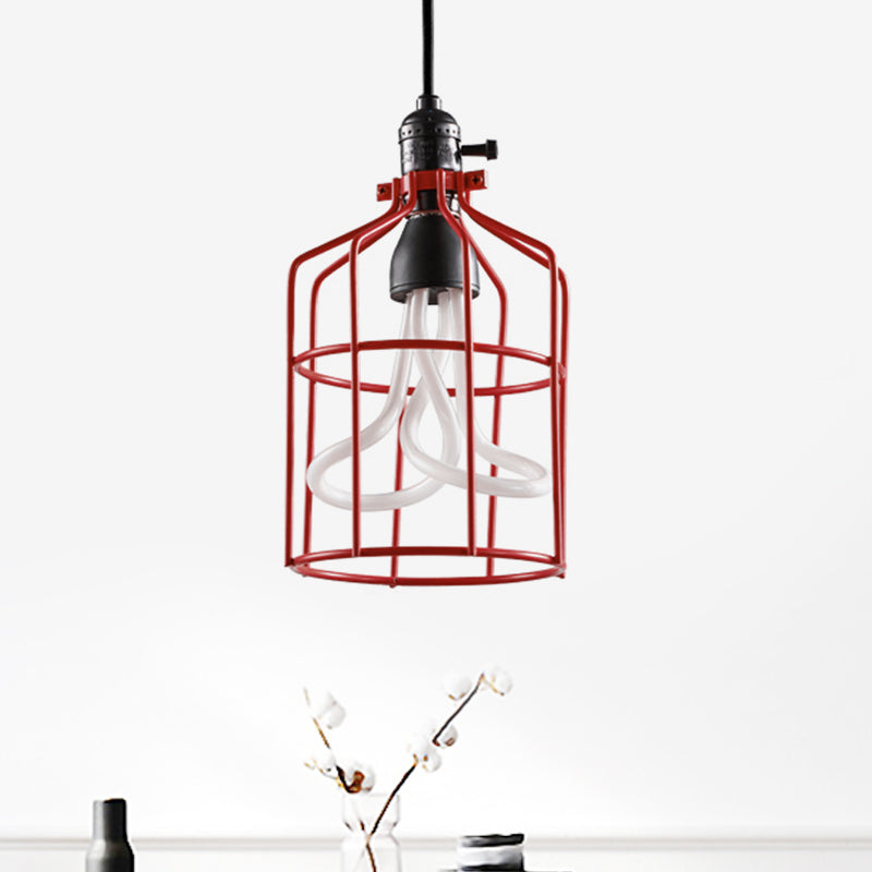 Red/Black 1 Head Pendant Lamp Industrial Iron Birdcage Suspended Lighting Fixture for Restaurant