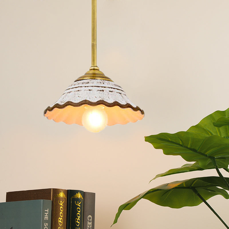 Bowl Shaped Ceramic Drop Pendant Rural Single Dining Room Pendulum Light with Scalloped Trim in White