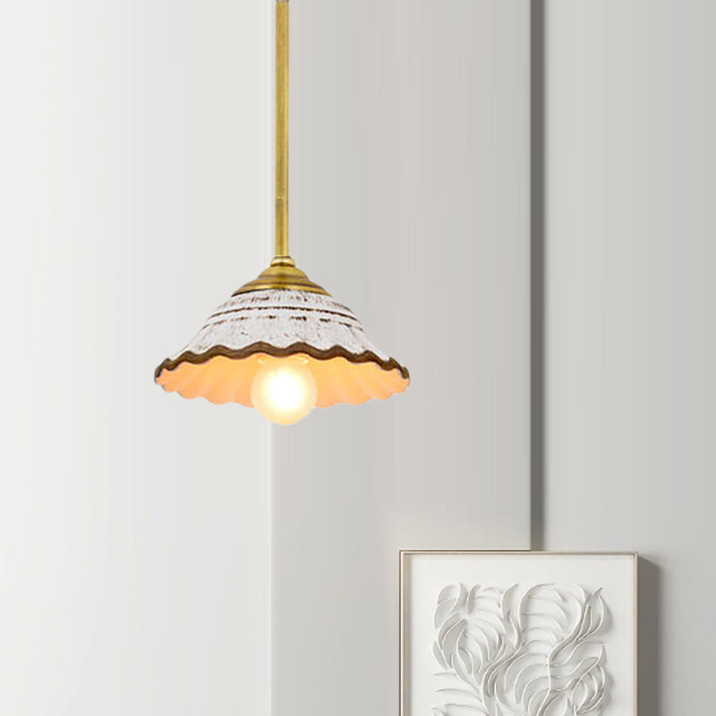 Bowl Shaped Ceramic Drop Pendant Rural Single Dining Room Pendulum Light with Scalloped Trim in White