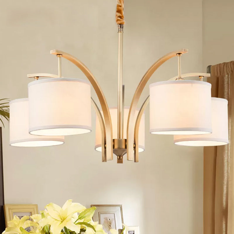 3/5 Bulbs Chandelier Lighting Country Drum Shade Fabric Hanging Lamp in Gold with Metal Curved Arm