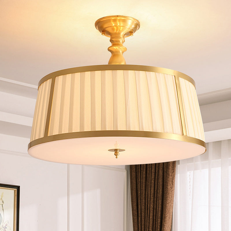 Round Fabric Semi Flush Light Colonialism 4 Heads Bedroom Metallic Ceiling Lighting in Gold