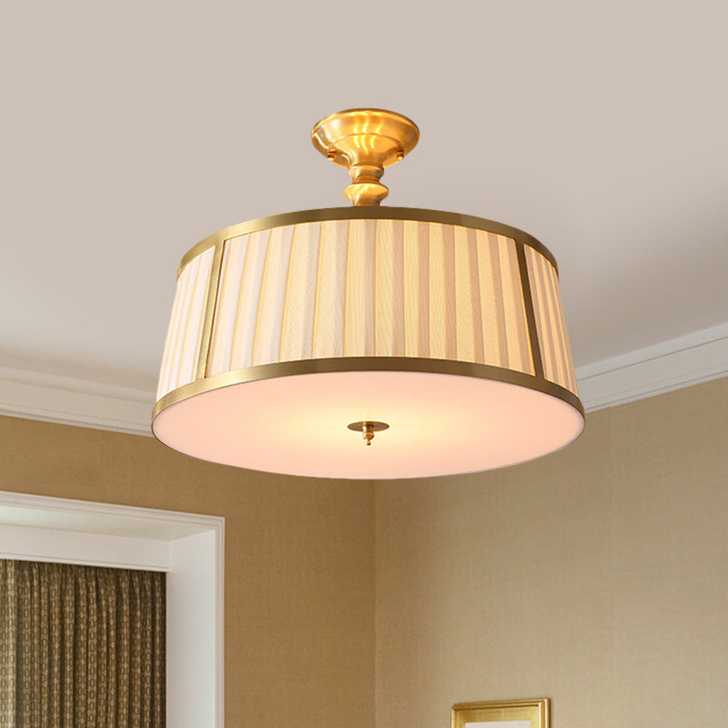 Round Fabric Semi Flush Light Colonialism 4 Heads Bedroom Metallic Ceiling Lighting in Gold