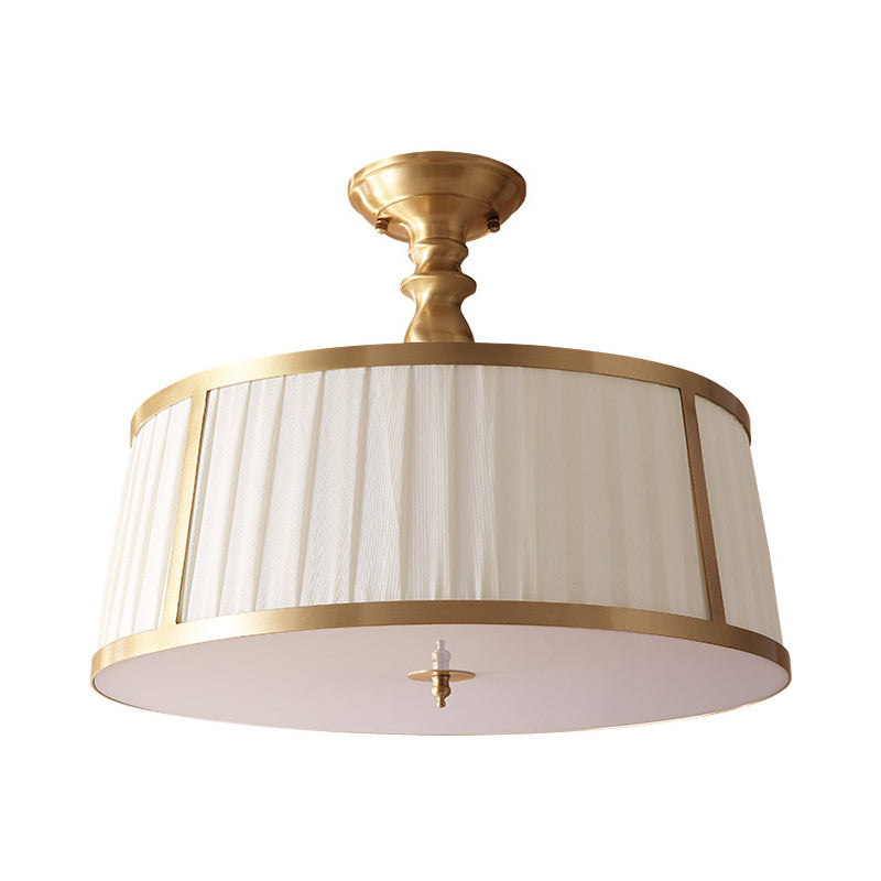 Round Fabric Semi Flush Light Colonialism 4 Heads Bedroom Metallic Ceiling Lighting in Gold