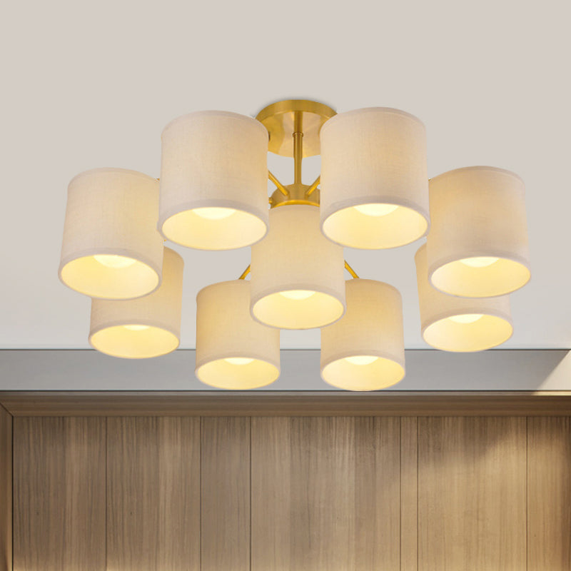 Gold 9 Lights Semi Mount Lighting Colonialist Fabric Cylinder Metal Ceiling Light Fixture for Living Room