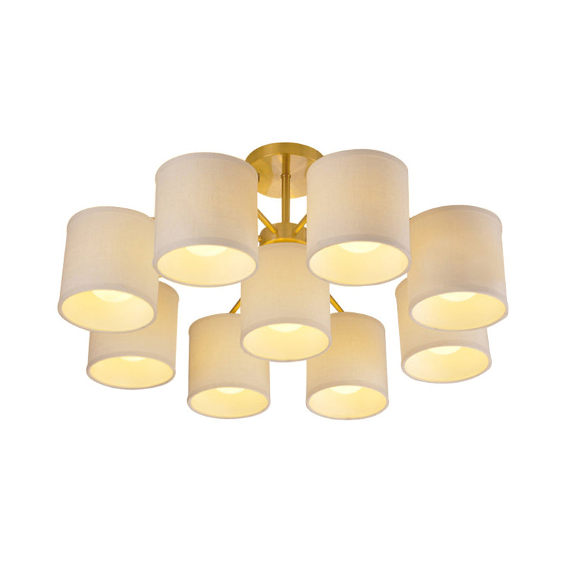 Gold 9 Lights Semi Mount Lighting Colonialist Fabric Cylinder Metal Ceiling Light Fixture for Living Room