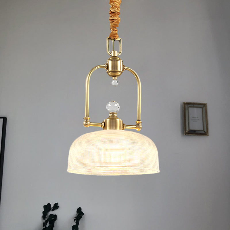 Golden 1 Light Drop Pendant Traditional Clear Prismatic Glass Dome Shade Metal Suspension Lighting