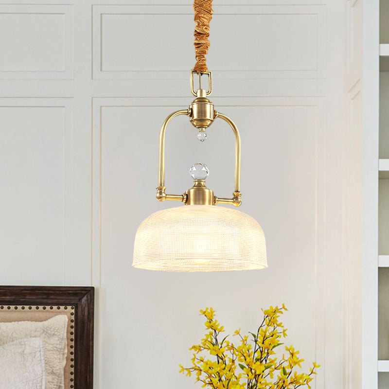 Golden 1 Light Drop Pendant Traditional Clear Prismatic Glass Dome Shade Metal Suspension Lighting