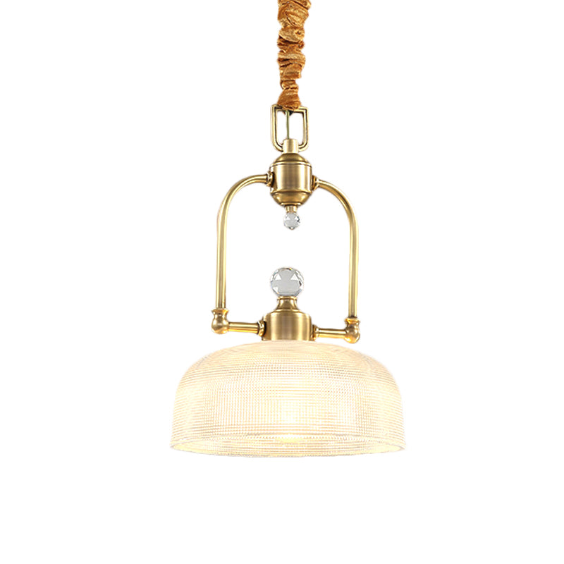 Golden 1 Light Drop Pendant Traditional Clear Prismatic Glass Dome Shade Metal Suspension Lighting