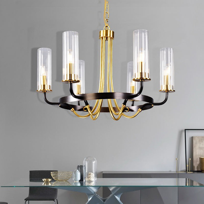 Lampadino a soffitto tubolare in vetro trasparente stile coloniale in stile coloniale 6/8 teste da letto illuminazione a sospensione in nero in nero/oro con anello metallico