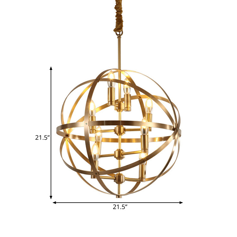 8 Bulbs Chandelier Lamp Traditional Candelabra Metallic Hanging Ceiling Light in Gold with Globe Wire Cage