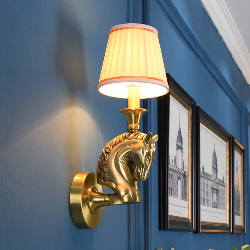 Fabric Conical Wall Light Fixture Rustic 1 Bulb Hallway Wall Lamp Sconce in Gold with Horse Head Arm