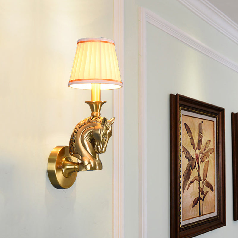 Fabric Conical Wall Light Fixture Rustic 1 Bulb Hallway Wall Lamp Sconce in Gold with Horse Head Arm