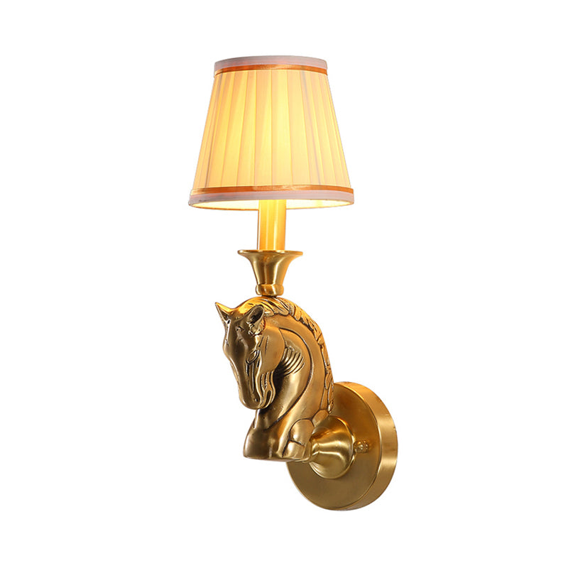 Fabric Conical Wall Light Fixture Rustic 1 Bulb Hallway Wall Lamp Sconce in Gold with Horse Head Arm