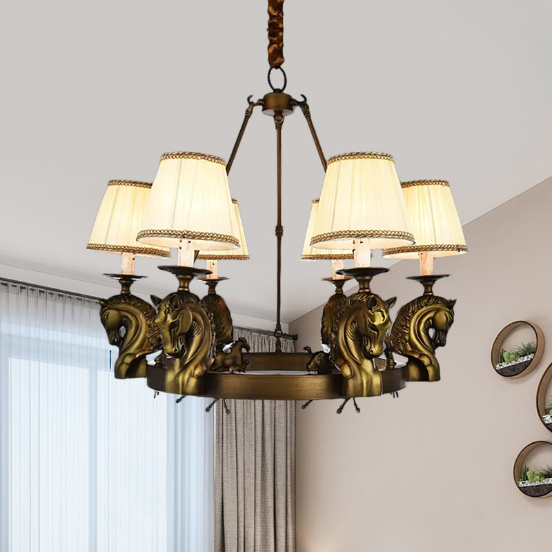 Luminaire luminaire en tissu conique country 6 têtes de salon suspendu en blanc / bronze avec conception de tête de cheval en métal