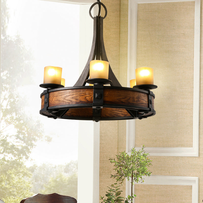 Zwarte buis kroonluchter lamp traditionele beige glas 6 lichten eetkamer hangend licht armatuur met ronde houten ontwerp