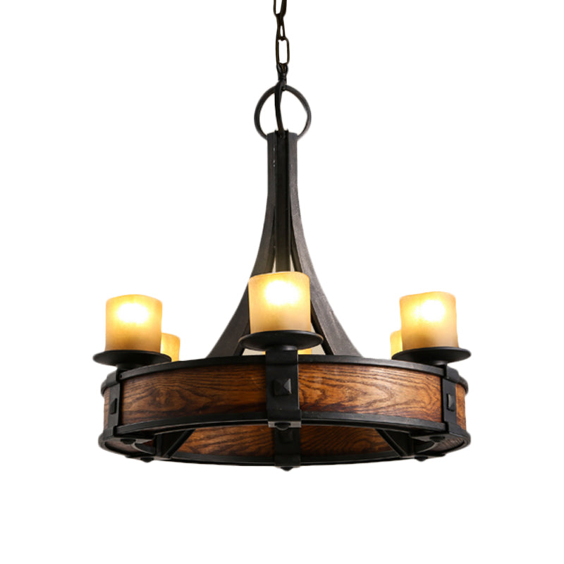 Zwarte buis kroonluchter lamp traditionele beige glas 6 lichten eetkamer hangend licht armatuur met ronde houten ontwerp